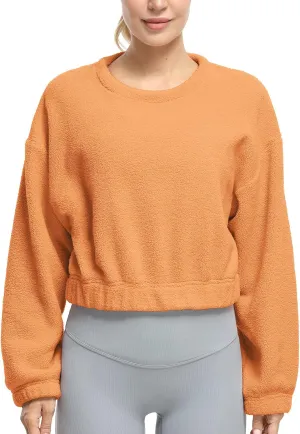 icyzone Women's Oversized Sherpa Fleece Crewneck Sweatshirt, Cropped Drop Shoulder Fuzzy Pullover