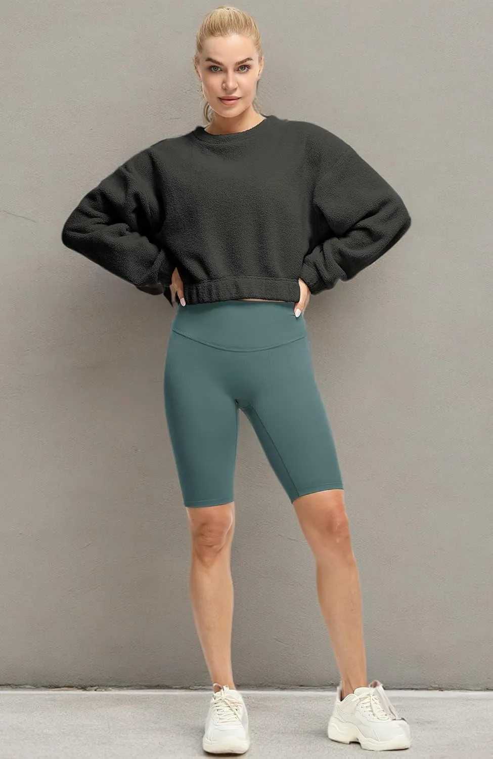 icyzone Women's Oversized Sherpa Fleece Crewneck Sweatshirt, Cropped Drop Shoulder Fuzzy Pullover