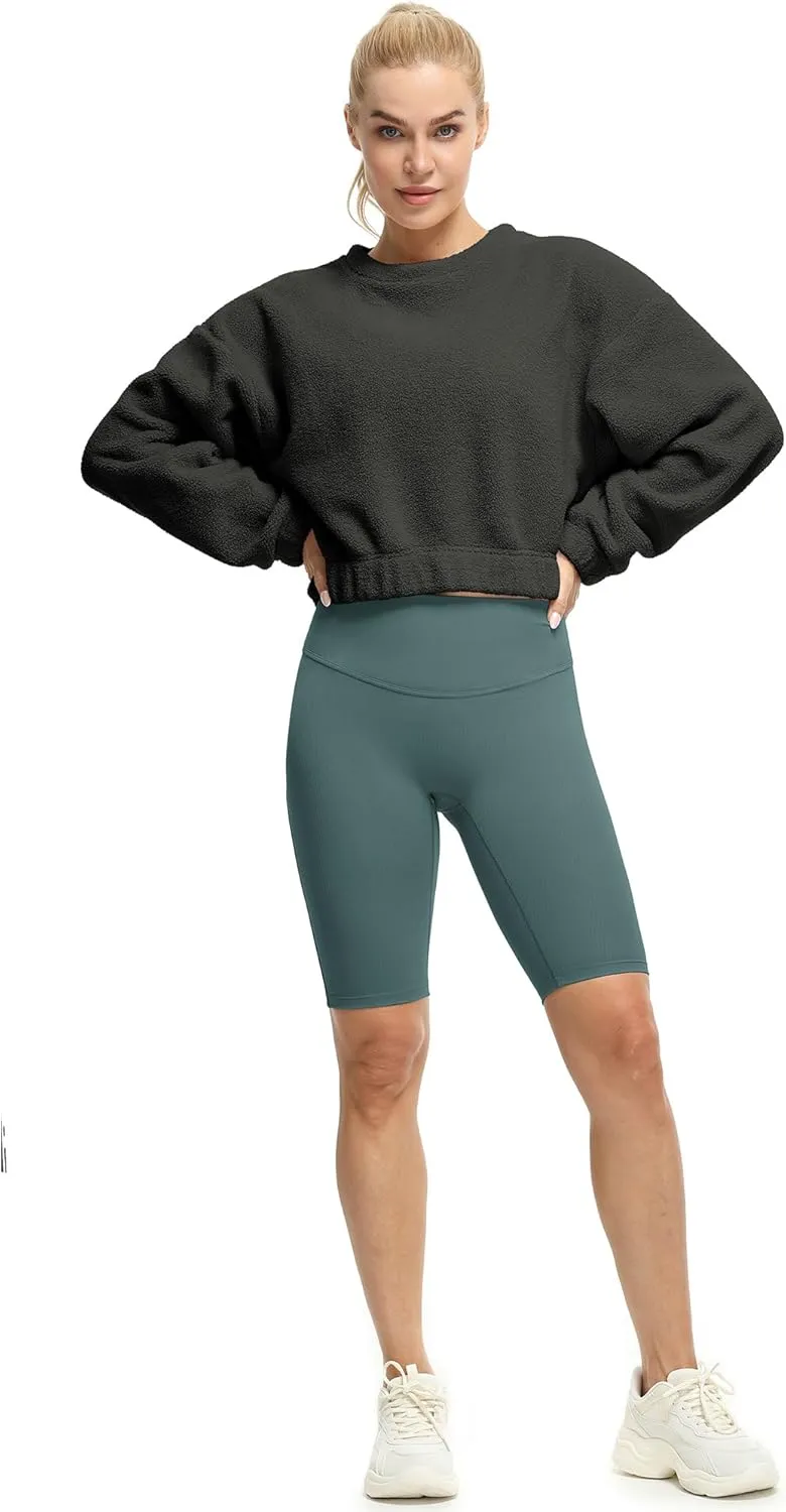 icyzone Women's Oversized Sherpa Fleece Crewneck Sweatshirt, Cropped Drop Shoulder Fuzzy Pullover