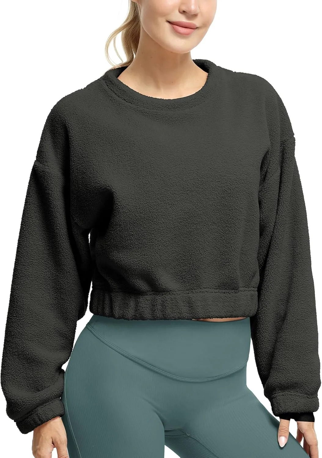 icyzone Women's Oversized Sherpa Fleece Crewneck Sweatshirt, Cropped Drop Shoulder Fuzzy Pullover