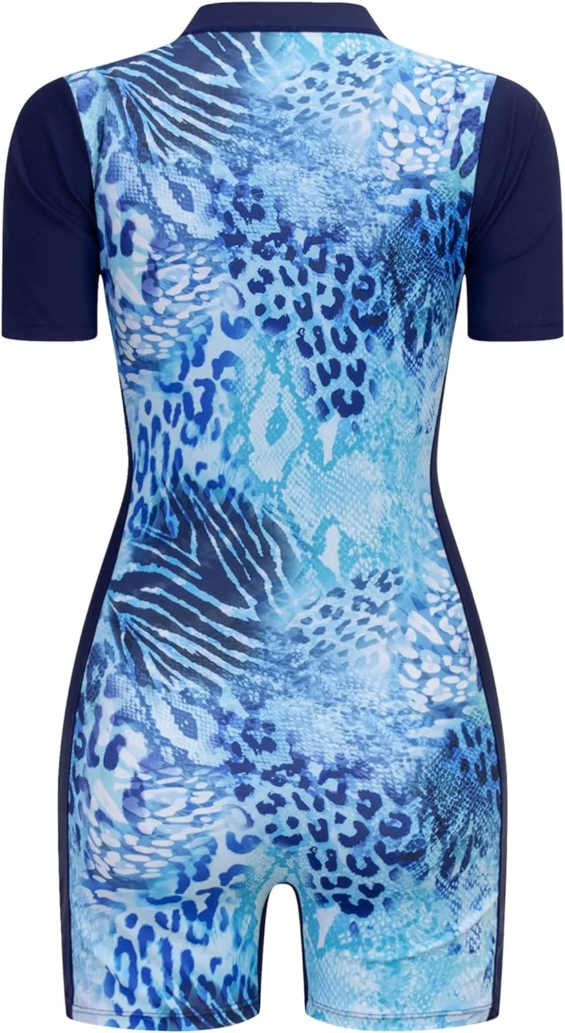 IDOPIP Women Rash Guard One Piece Swimsuit Bathing Suit Short Sleeve Zipper Rashguard UPF 50 Sun Protection Modest Swimwear