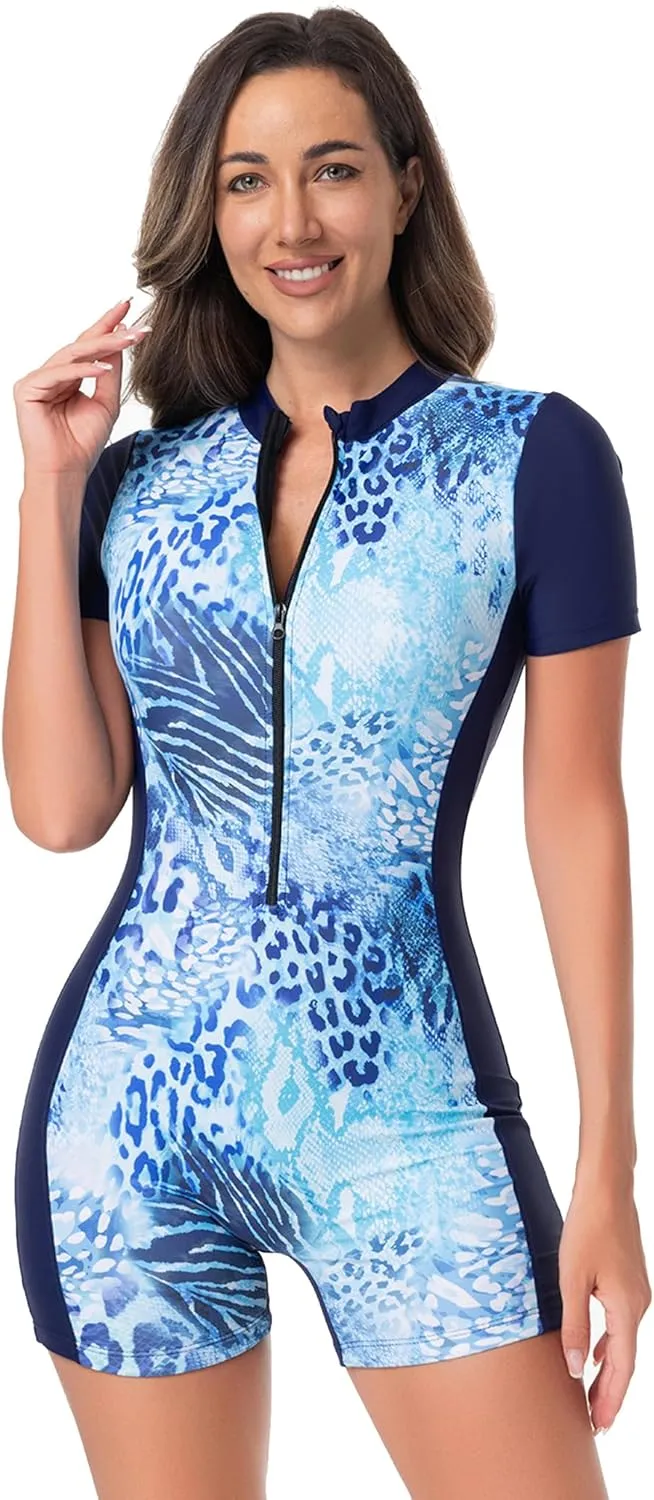 IDOPIP Women Rash Guard One Piece Swimsuit Bathing Suit Short Sleeve Zipper Rashguard UPF 50 Sun Protection Modest Swimwear