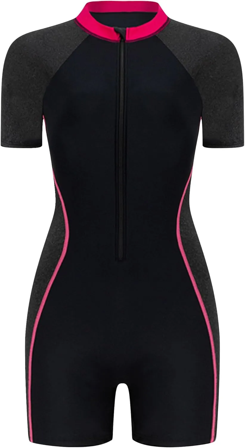 IDOPIP Women Rash Guard One Piece Swimsuit Bathing Suit Short Sleeve Zipper Rashguard UPF 50 Sun Protection Modest Swimwear