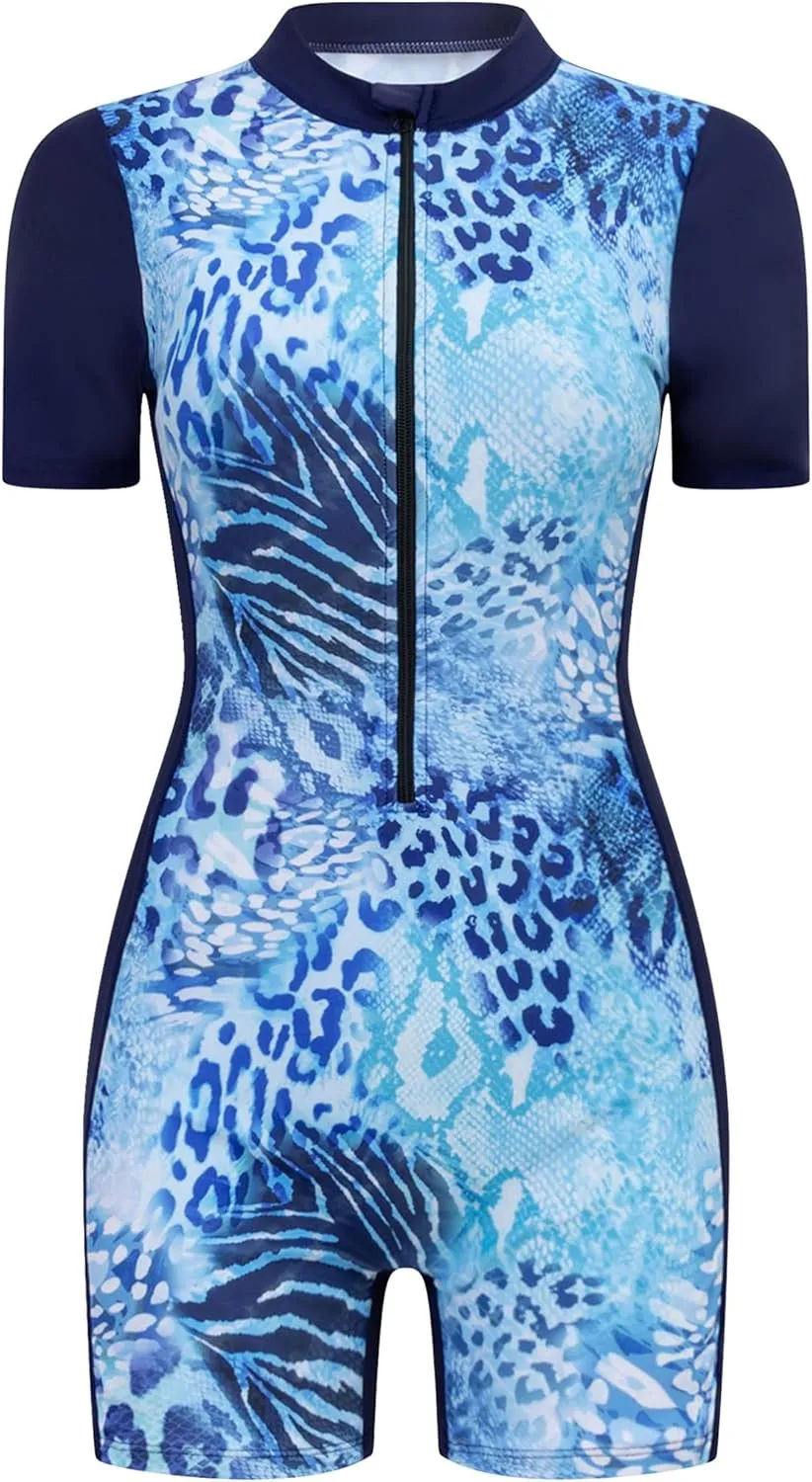 IDOPIP Women Rash Guard One Piece Swimsuit Bathing Suit Short Sleeve Zipper Rashguard UPF 50 Sun Protection Modest Swimwear