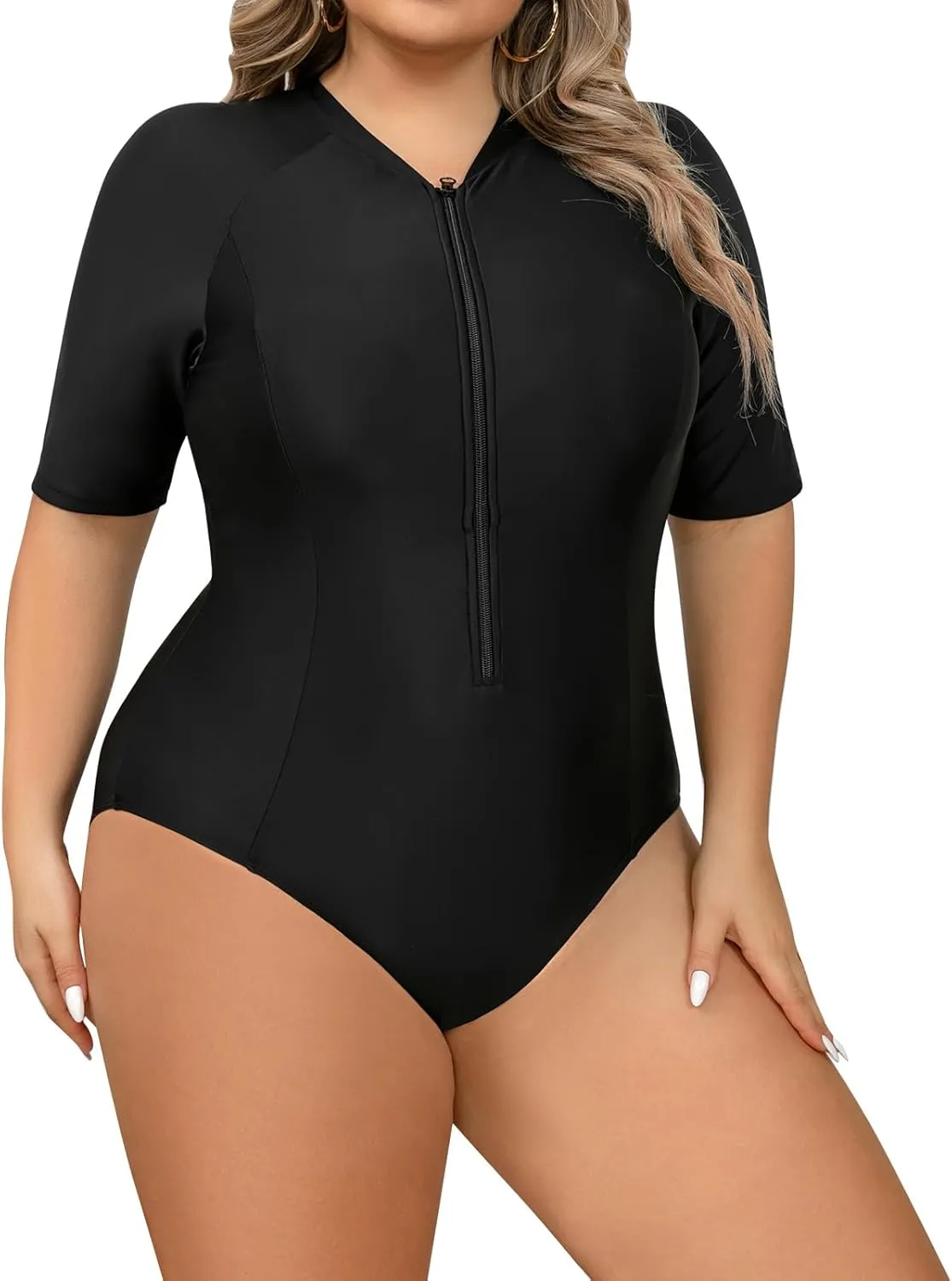 IKADEX Women Plus Size Rush Guard Zipper Swimwear Modest One-Piece Swimsuit Surfing Bathing Suit
