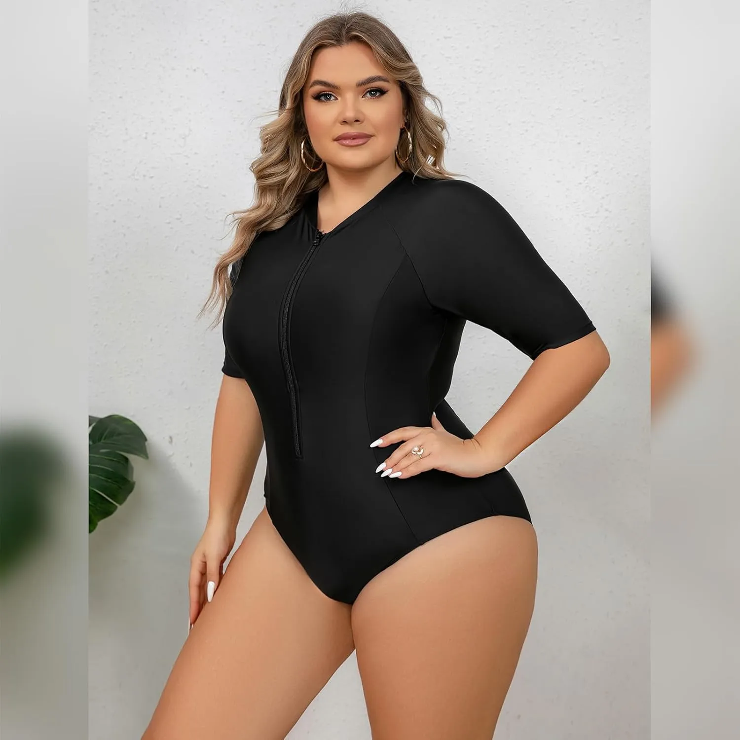 IKADEX Women Plus Size Rush Guard Zipper Swimwear Modest One-Piece Swimsuit Surfing Bathing Suit