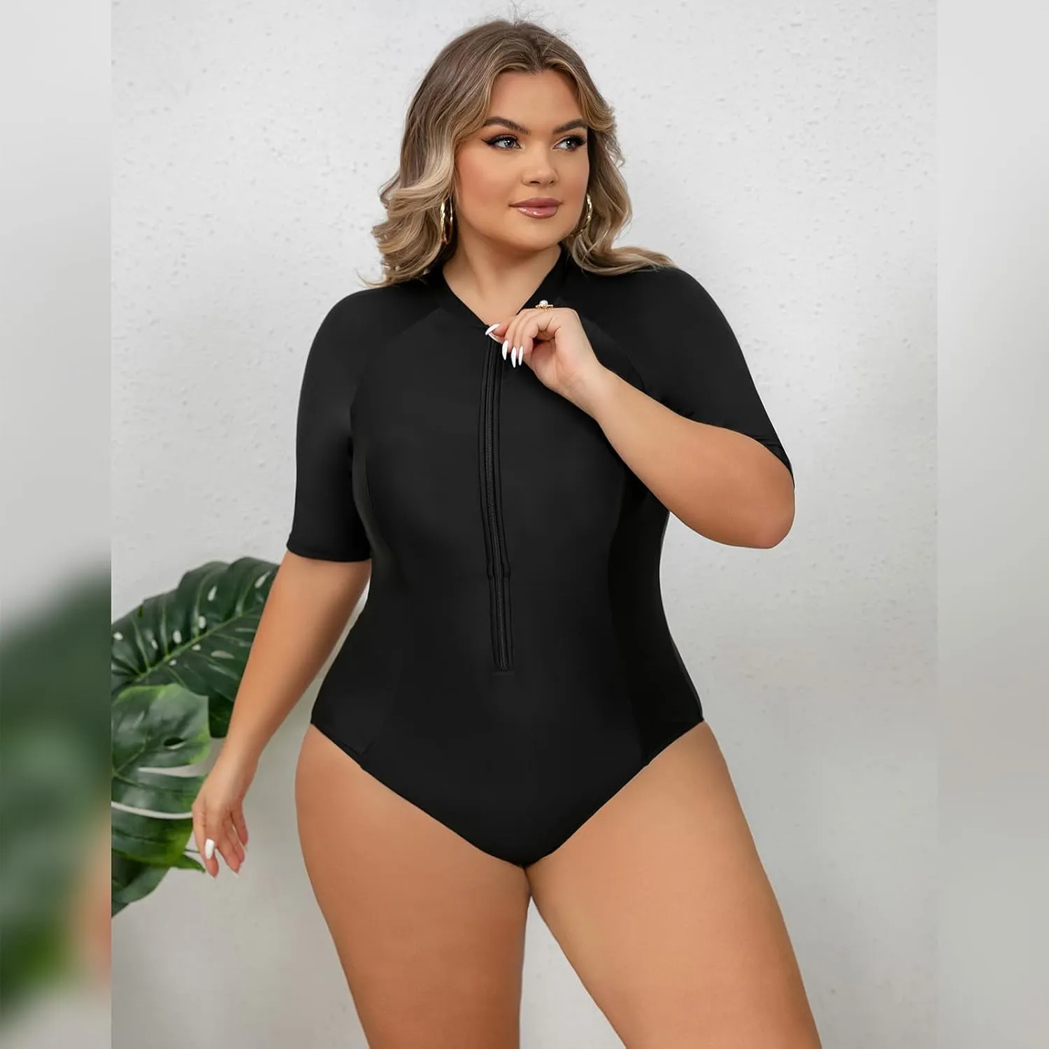 IKADEX Women Plus Size Rush Guard Zipper Swimwear Modest One-Piece Swimsuit Surfing Bathing Suit
