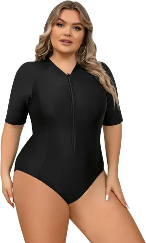 IKADEX Women Plus Size Rush Guard Zipper Swimwear Modest One-Piece Swimsuit Surfing Bathing Suit