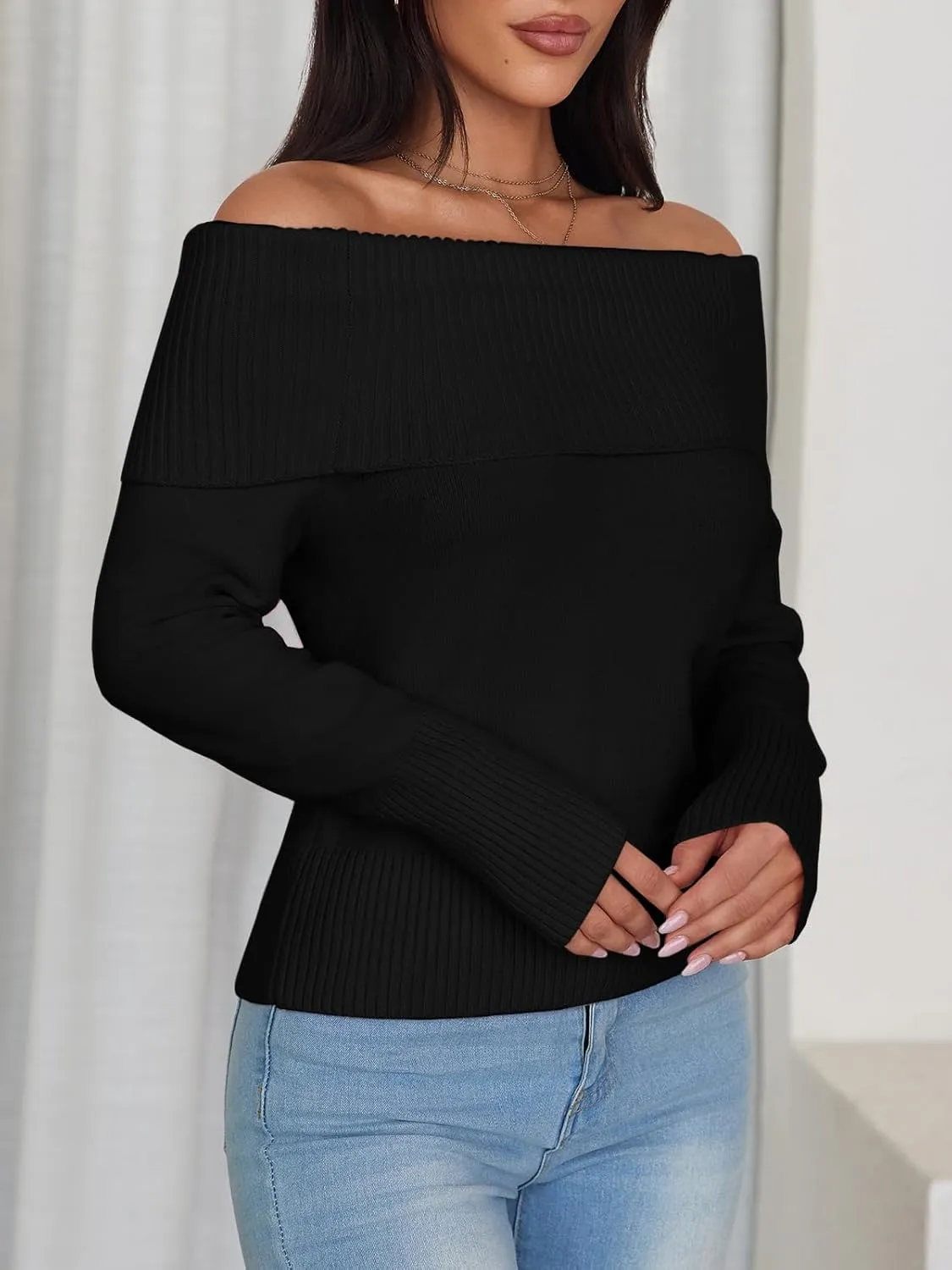 Imily Bela Womens Off The Shoulder Sweaters Casual Long Sleeve Ribbed Knit Slim Fit Y2K Going Out Pullover Tops