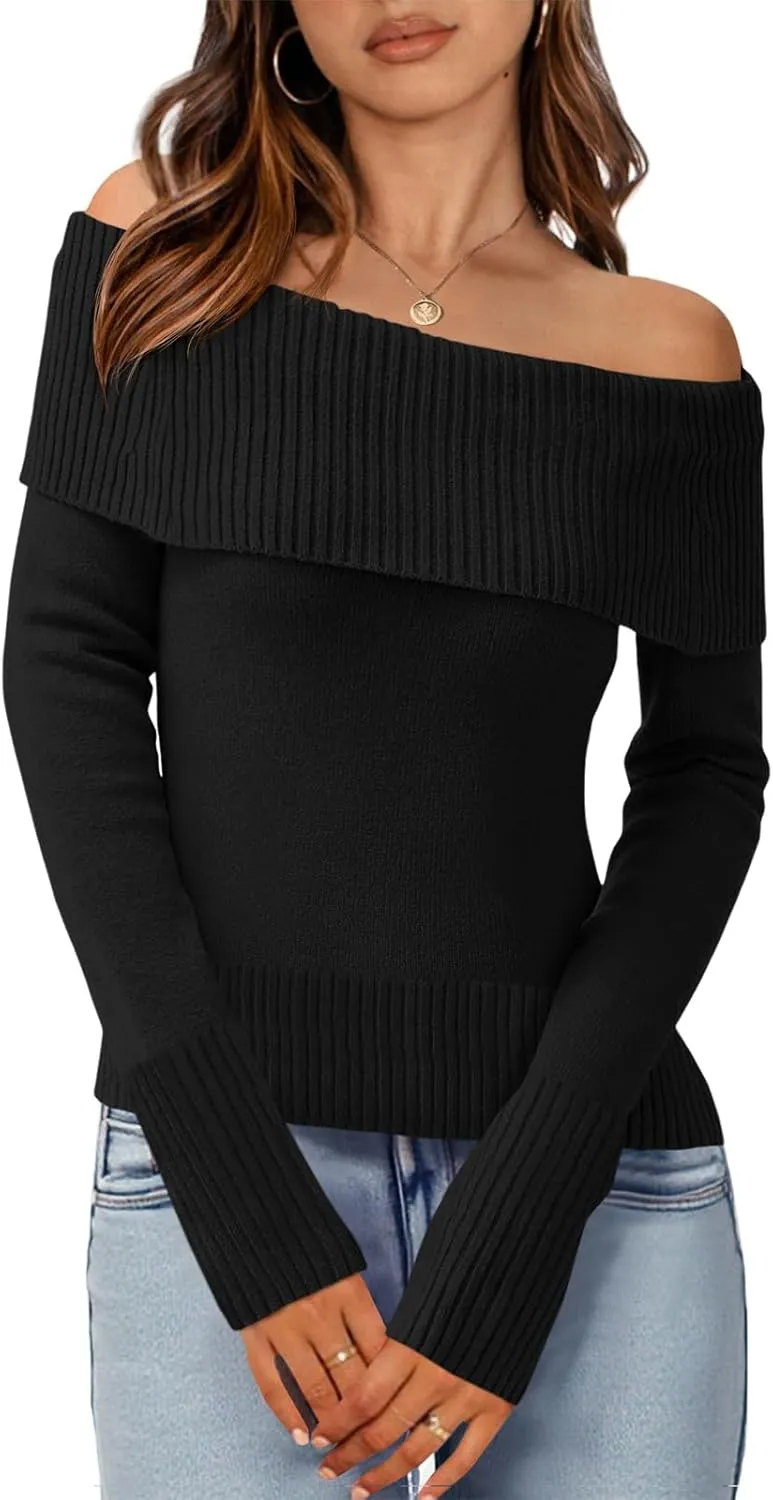 Imily Bela Womens Off The Shoulder Sweaters Casual Long Sleeve Ribbed Knit Slim Fit Y2K Going Out Pullover Tops