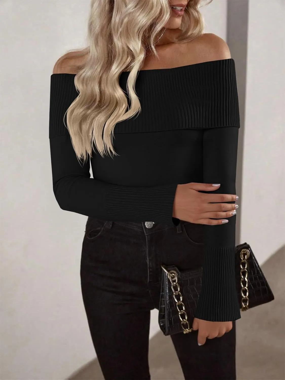 Imily Bela Womens Off The Shoulder Sweaters Casual Long Sleeve Ribbed Knit Slim Fit Y2K Going Out Pullover Tops