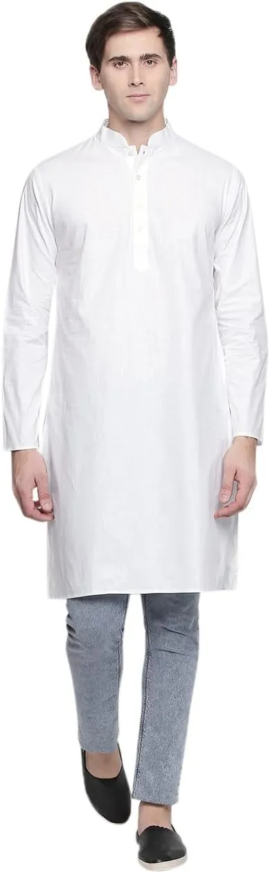 In-Sattva Men's Indian Classic Banded Collar Pure Cotton Long Kurta Tunic