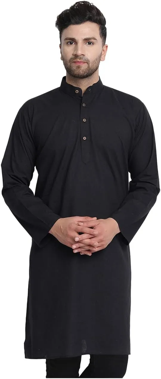 In-Sattva Men's Indian Classic Banded Collar Pure Cotton Long Kurta Tunic