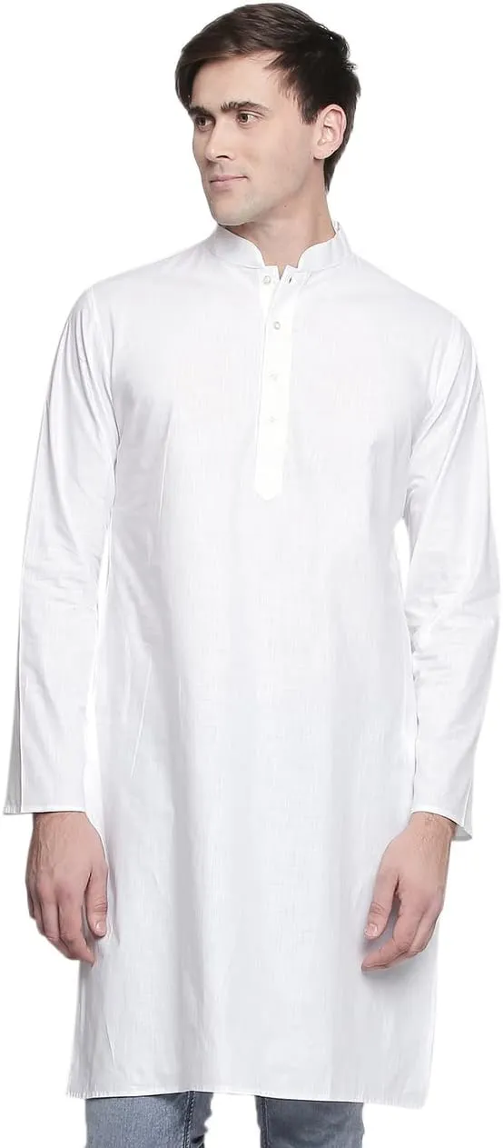 In-Sattva Men's Indian Classic Banded Collar Pure Cotton Long Kurta Tunic