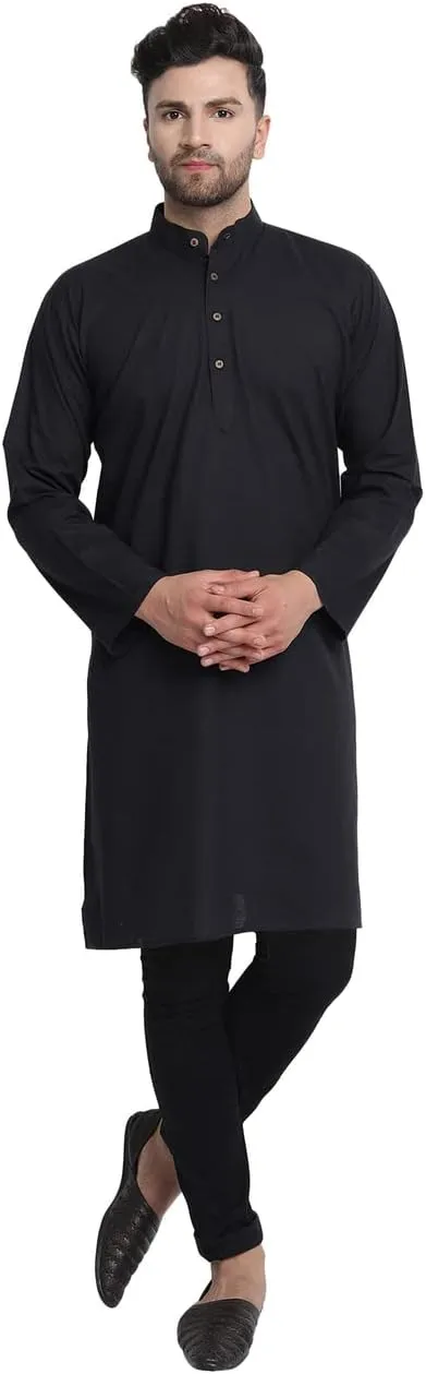 In-Sattva Men's Indian Classic Banded Collar Pure Cotton Long Kurta Tunic