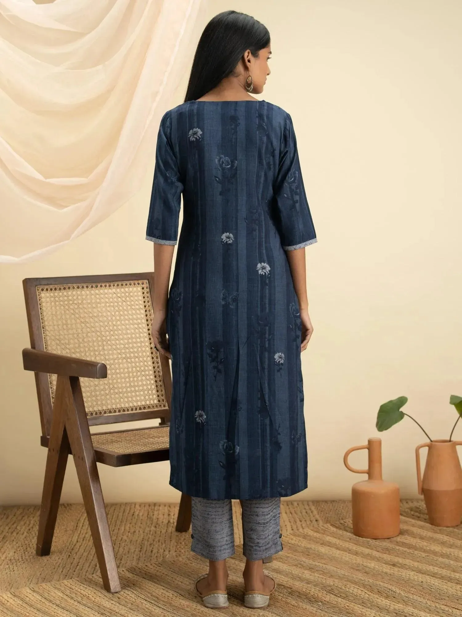 Indigo Printed Rayon Straight Kurta With Trousers