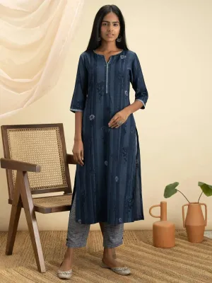 Indigo Printed Rayon Straight Kurta With Trousers