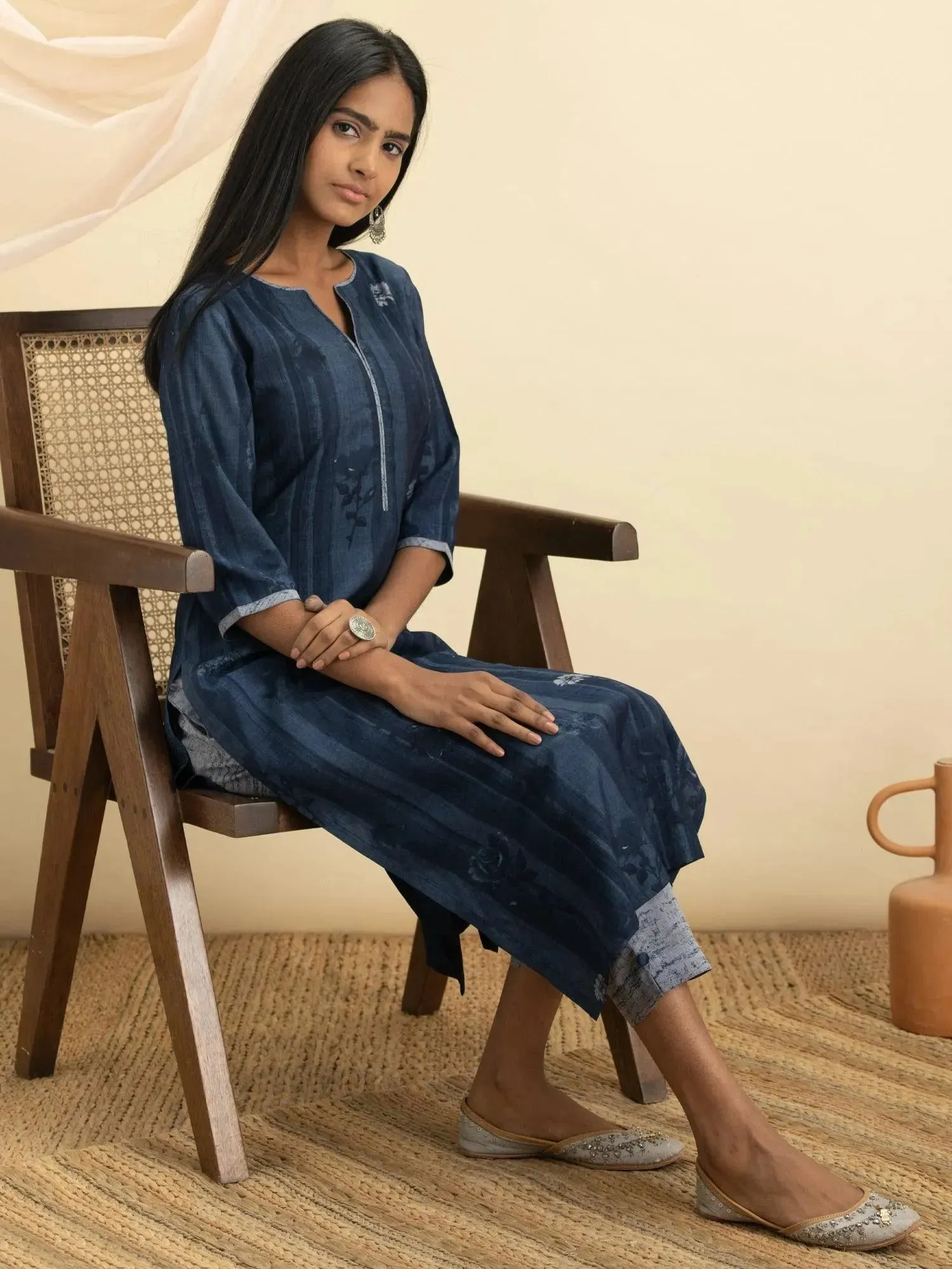 Indigo Printed Rayon Straight Kurta With Trousers