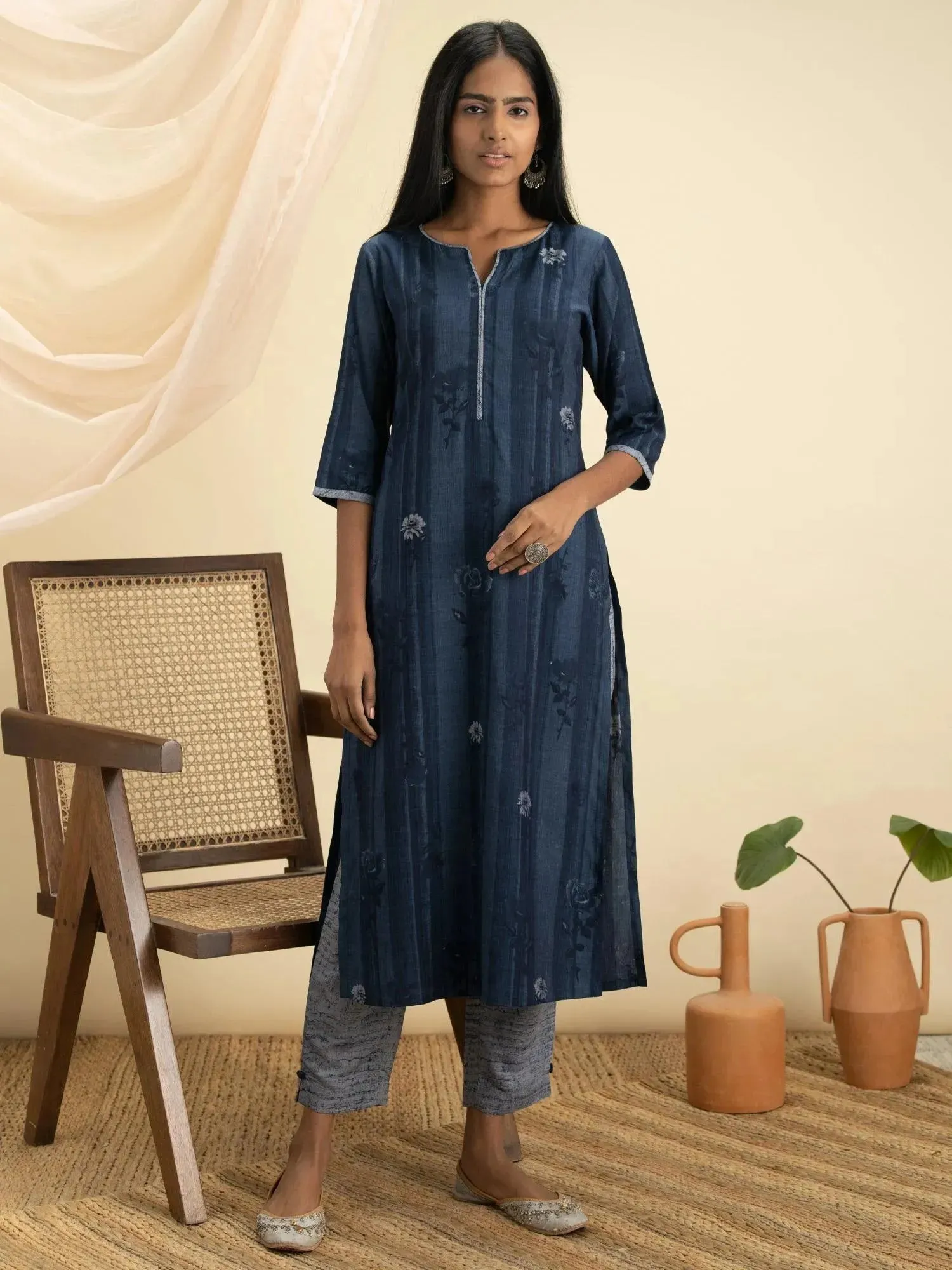 Indigo Printed Rayon Straight Kurta With Trousers
