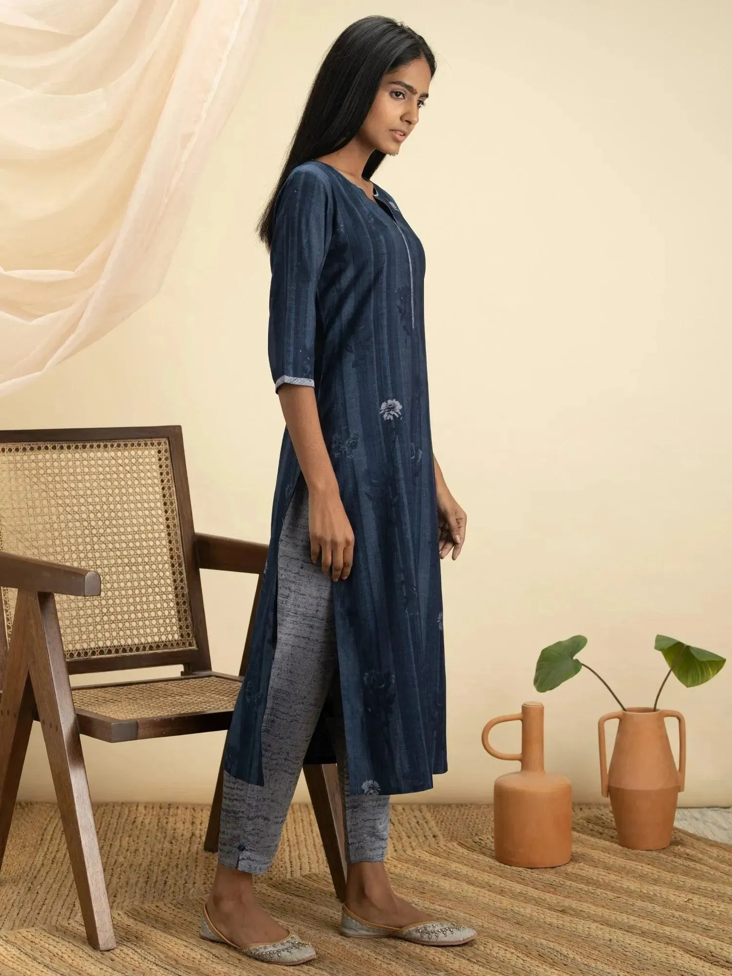 Indigo Printed Rayon Straight Kurta With Trousers