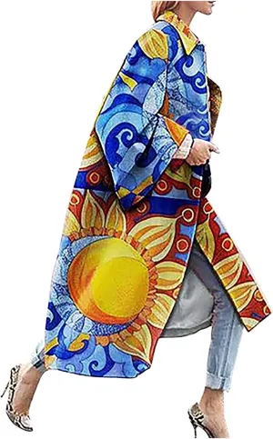 iQKA Women's Long Trench Jacket Winter Warm Coat Plus Size Vintage Floral Printed Pocket Outerwear Cardigan Overcoat S-5XL