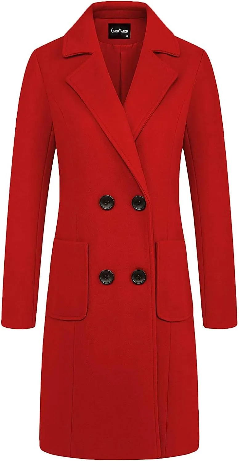 Itemnew ebossy Women's Elegant Notched Lapel Double Breasted Knee Length Woolen Coat Jacket
