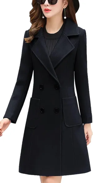 Itemnew ebossy Women's Elegant Notched Lapel Double Breasted Knee Length Woolen Coat Jacket