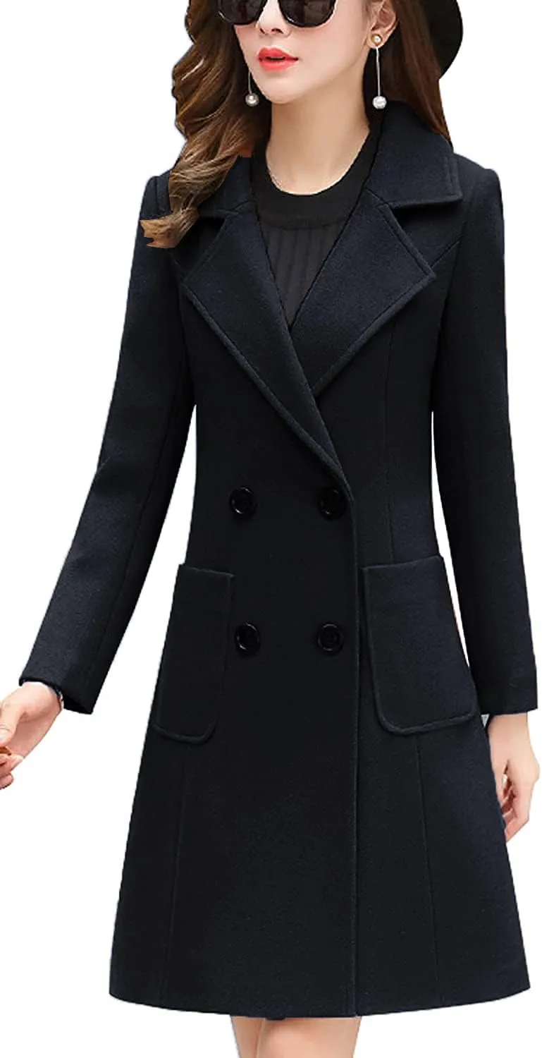 Itemnew ebossy Women's Elegant Notched Lapel Double Breasted Knee Length Woolen Coat Jacket