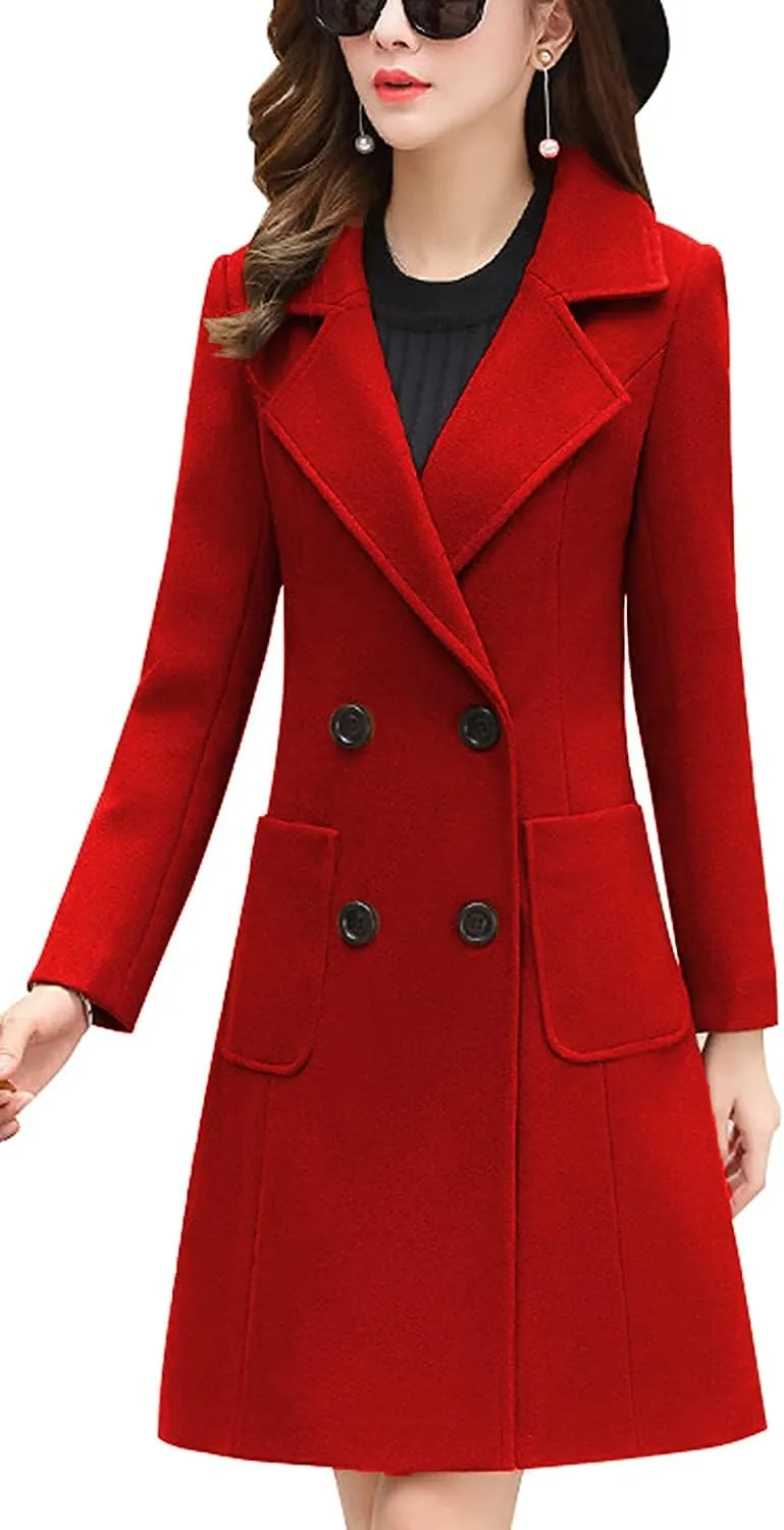 Itemnew ebossy Women's Elegant Notched Lapel Double Breasted Knee Length Woolen Coat Jacket