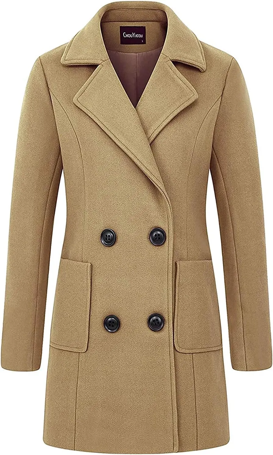 Itemnew ebossy Women's Elegant Notched Lapel Double Breasted Knee Length Woolen Coat Jacket