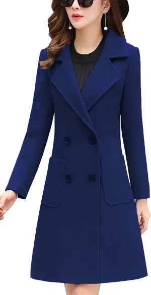 Itemnew ebossy Women's Elegant Notched Lapel Double Breasted Knee Length Woolen Coat Jacket