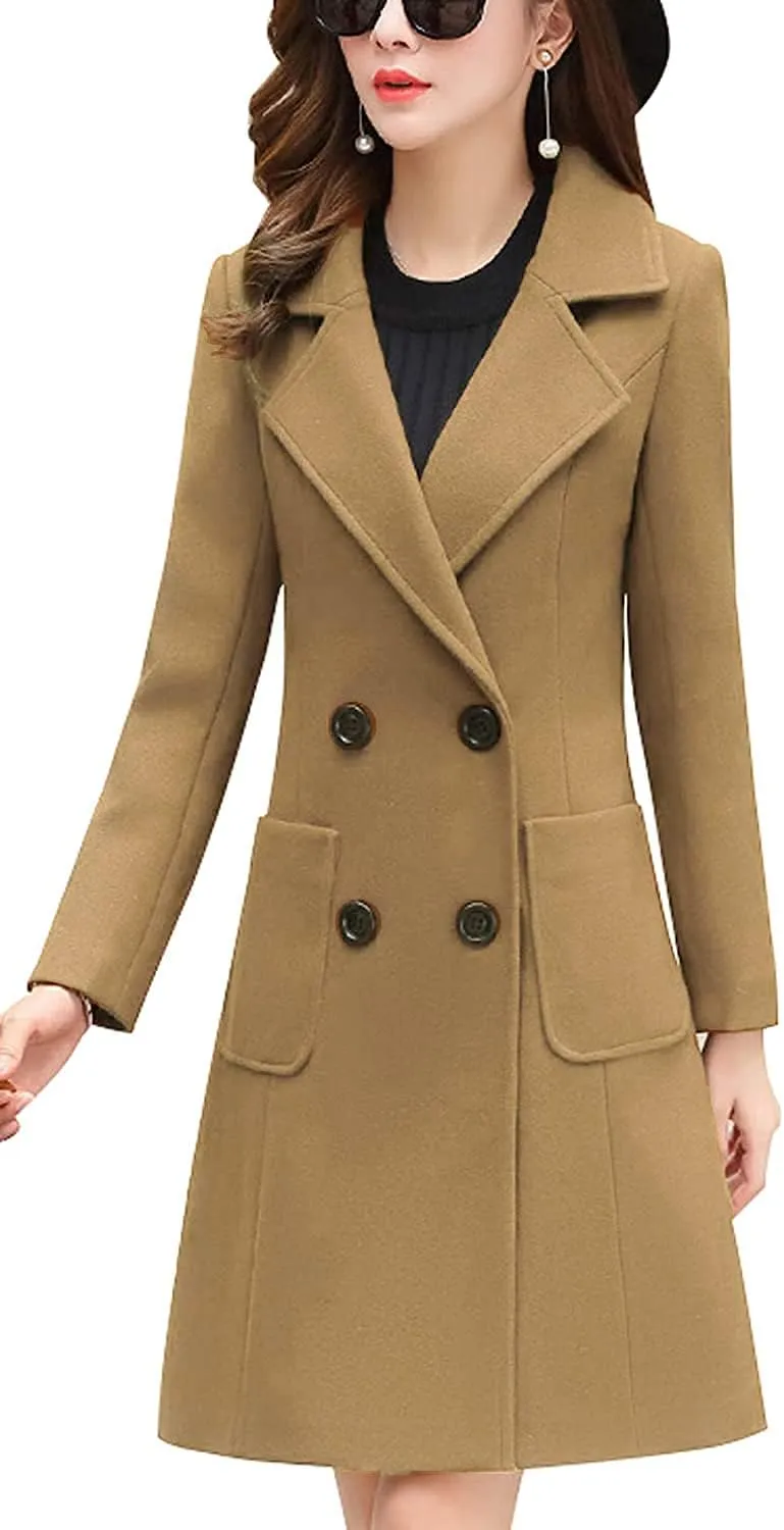 Itemnew ebossy Women's Elegant Notched Lapel Double Breasted Knee Length Woolen Coat Jacket