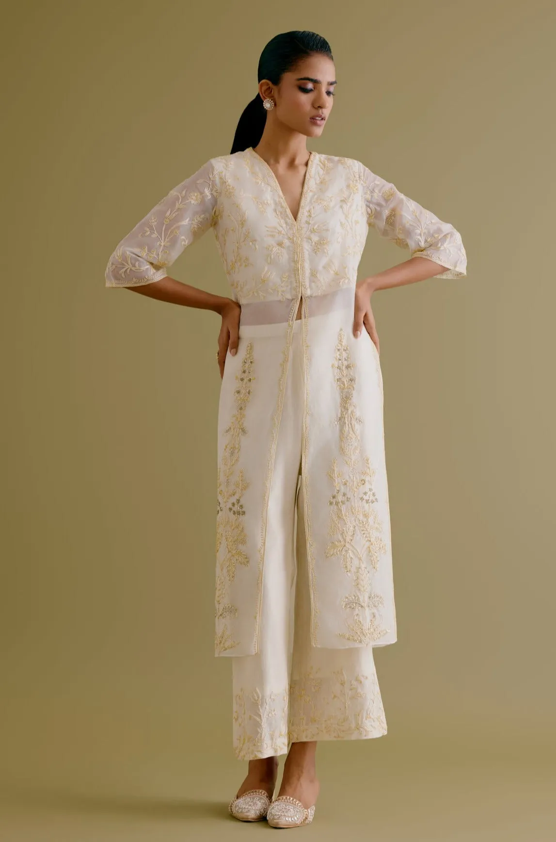Ivory Silk Organza Embroidered Kurta Set