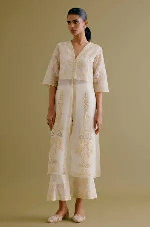 Ivory Silk Organza Embroidered Kurta Set