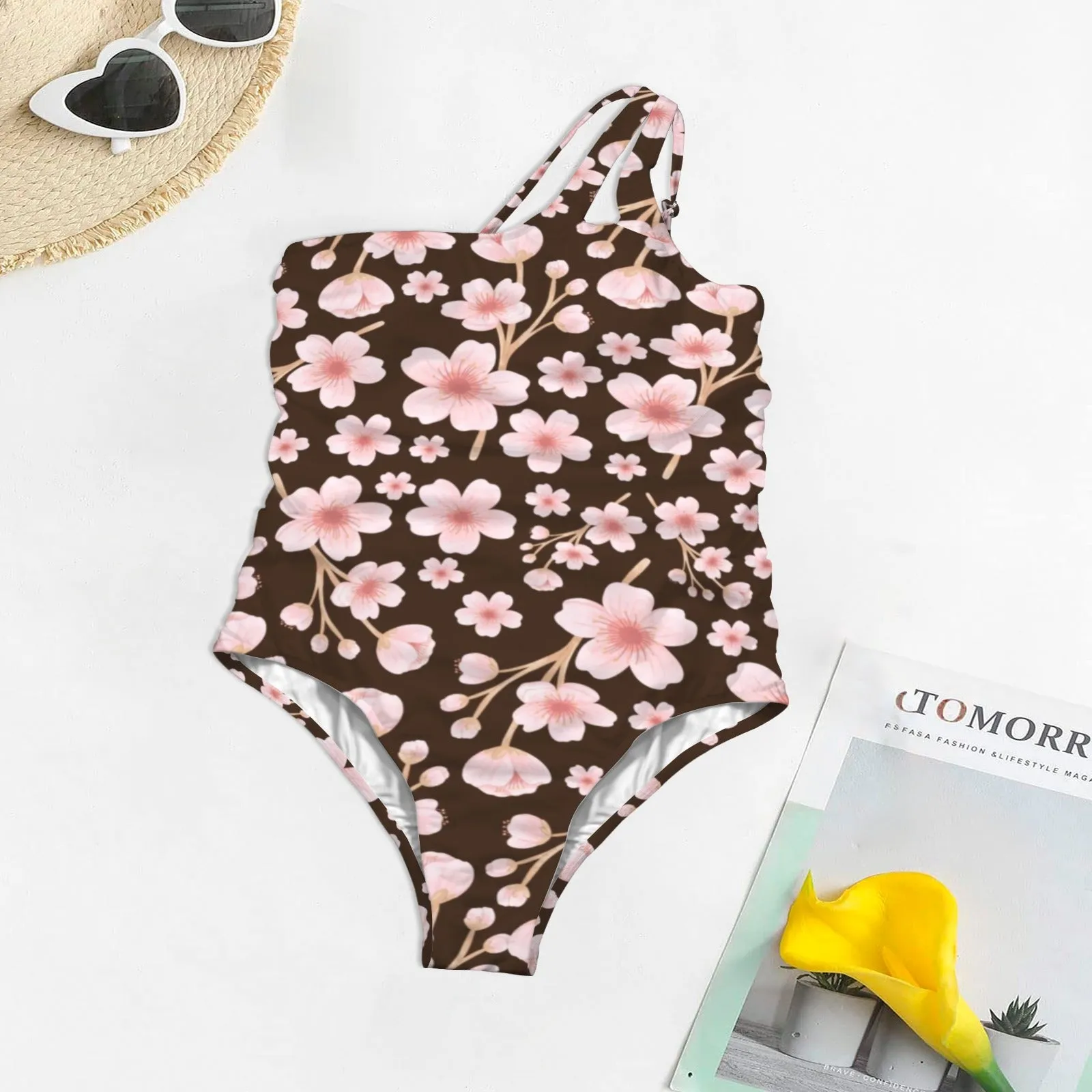 Japanese Pink Flowers Dark Keyhole Bathing Suit up to 5 XL (FWS)