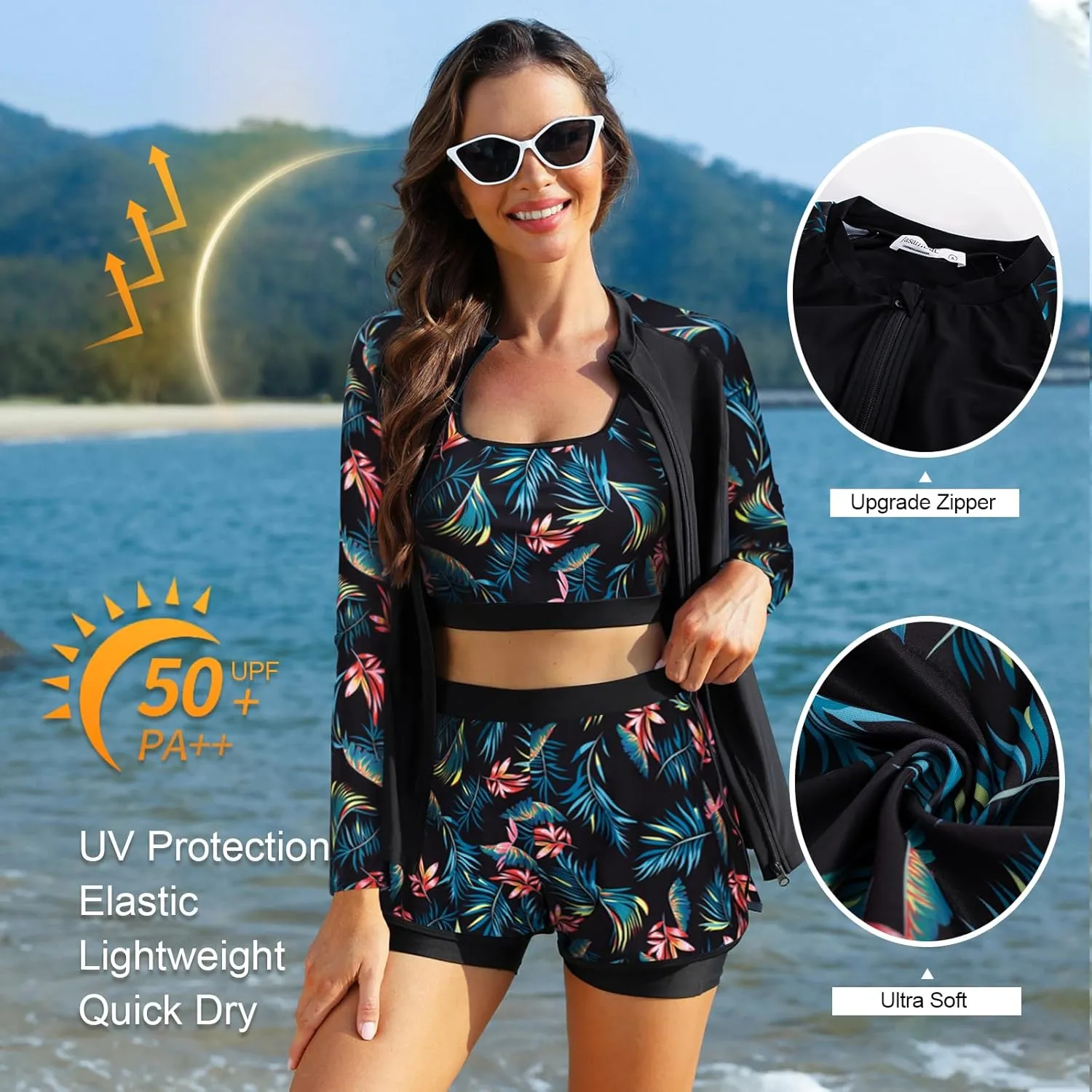 JASAMBAC Women's 3 Piece Rash Guard Long Sleeve Swimsuits with Boyshorts Zip Up UPF 50  Swim Shirt Built in Bra