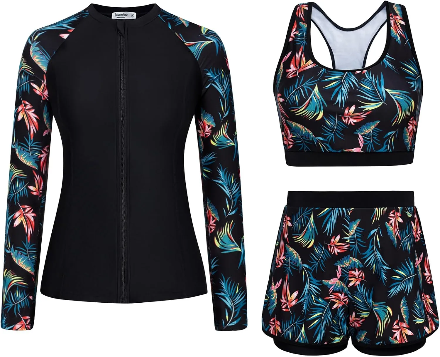 JASAMBAC Women's 3 Piece Rash Guard Long Sleeve Swimsuits with Boyshorts Zip Up UPF 50  Swim Shirt Built in Bra
