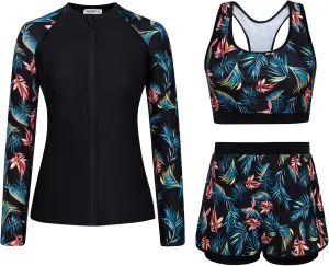 JASAMBAC Women's 3 Piece Rash Guard Long Sleeve Swimsuits with Boyshorts Zip Up UPF 50  Swim Shirt Built in Bra