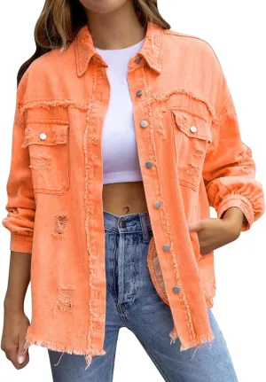 Jean Jacket Women 2024 Trendy Classic Lapel Button Down Up Frayed Hem Shacket Long Sleeve Distresse Trucker Coats