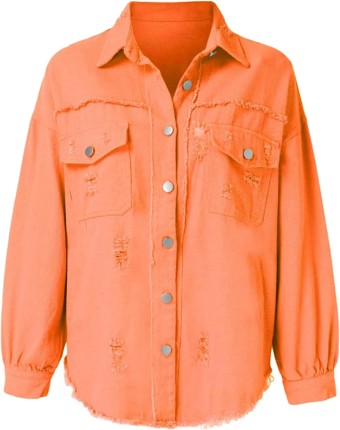Jean Jacket Women 2024 Trendy Classic Lapel Button Down Up Frayed Hem Shacket Long Sleeve Distresse Trucker Coats