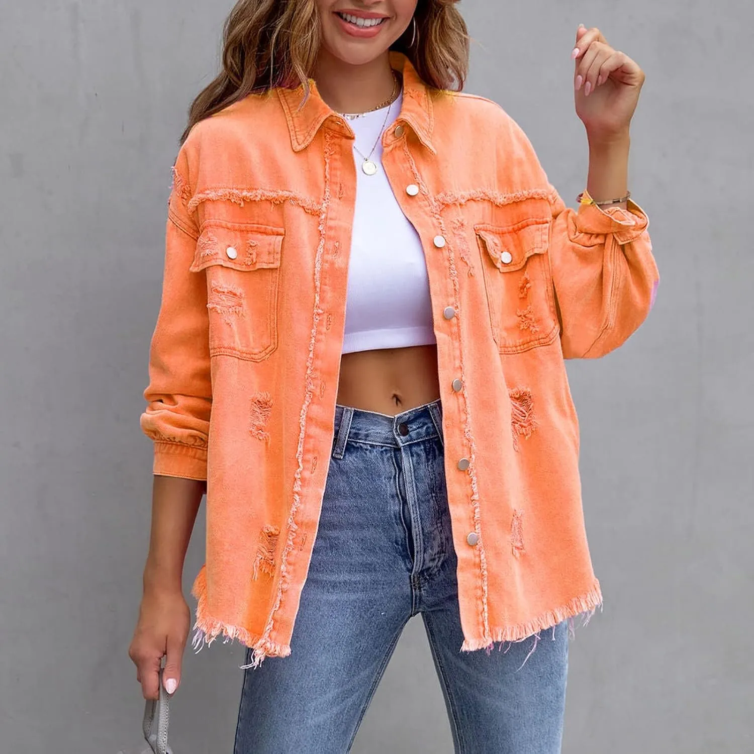 Jean Jacket Women 2024 Trendy Classic Lapel Button Down Up Frayed Hem Shacket Long Sleeve Distresse Trucker Coats
