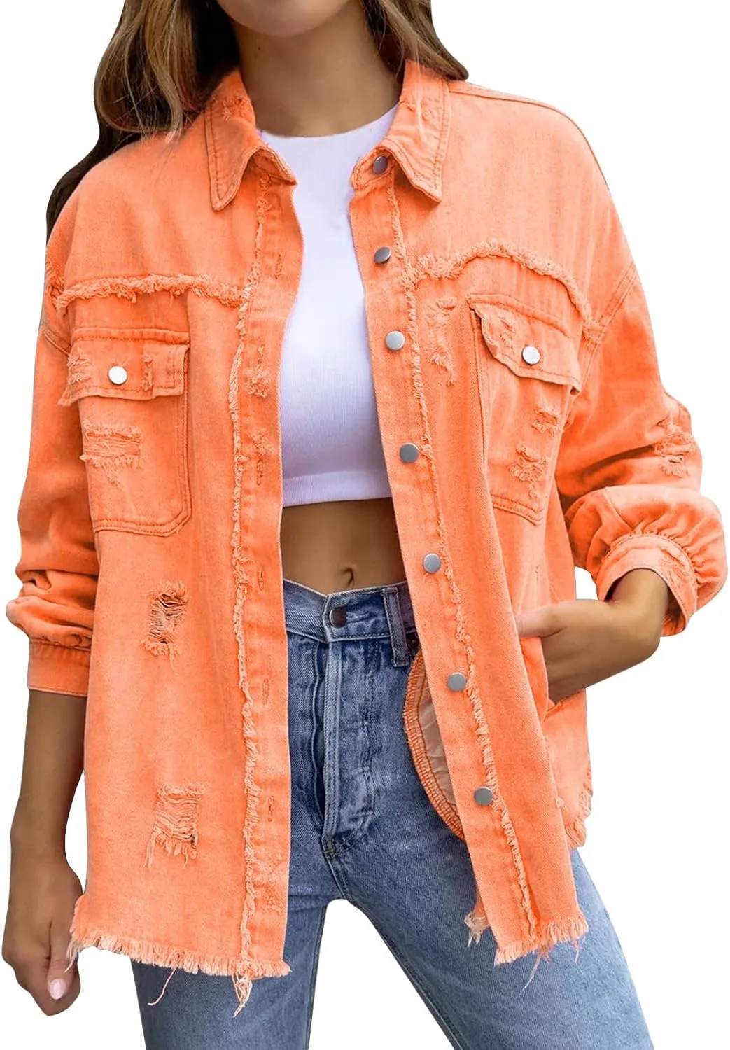 Jean Jacket Women 2024 Trendy Classic Lapel Button Down Up Frayed Hem Shacket Long Sleeve Distresse Trucker Coats