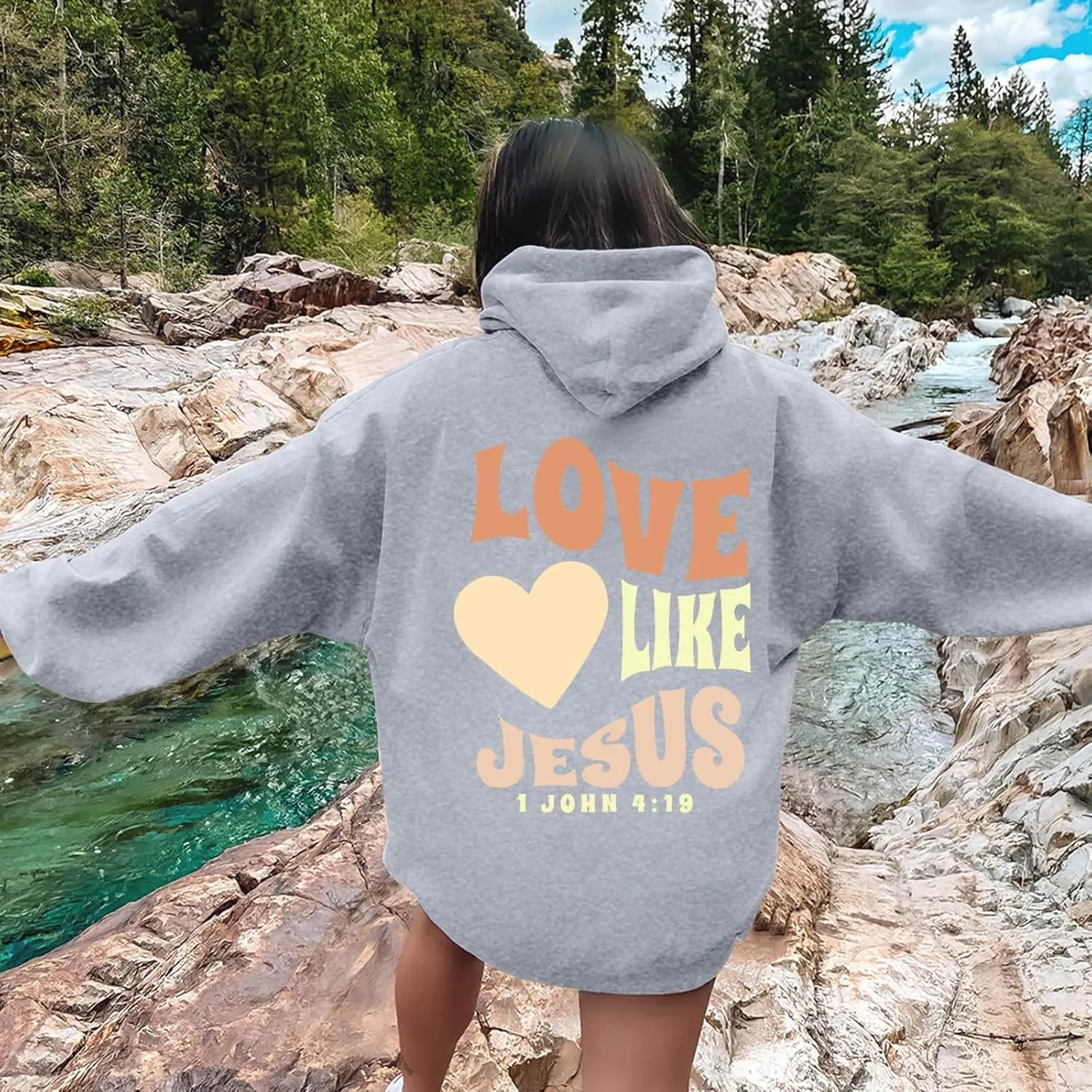 Jesus Loves You Sweatshirt for Women Casual Trendy Loose Fit Oversized Christian Sweatshirts Drawstring Pullover Y2k Hoodie