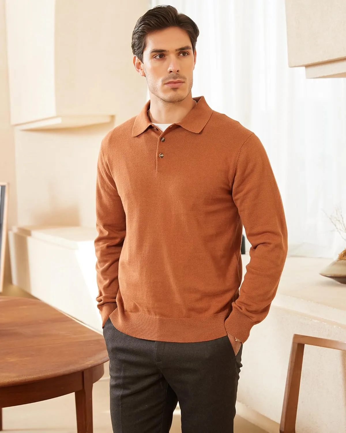 Kallspin Men's Cotton Knit Polo Sweater Classic Casual Long Sleeve Collared Pullover Sweater