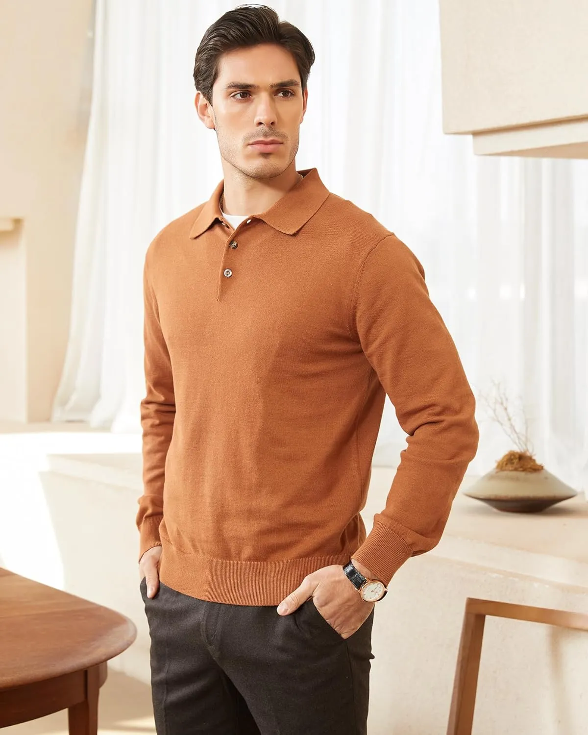 Kallspin Men's Cotton Knit Polo Sweater Classic Casual Long Sleeve Collared Pullover Sweater