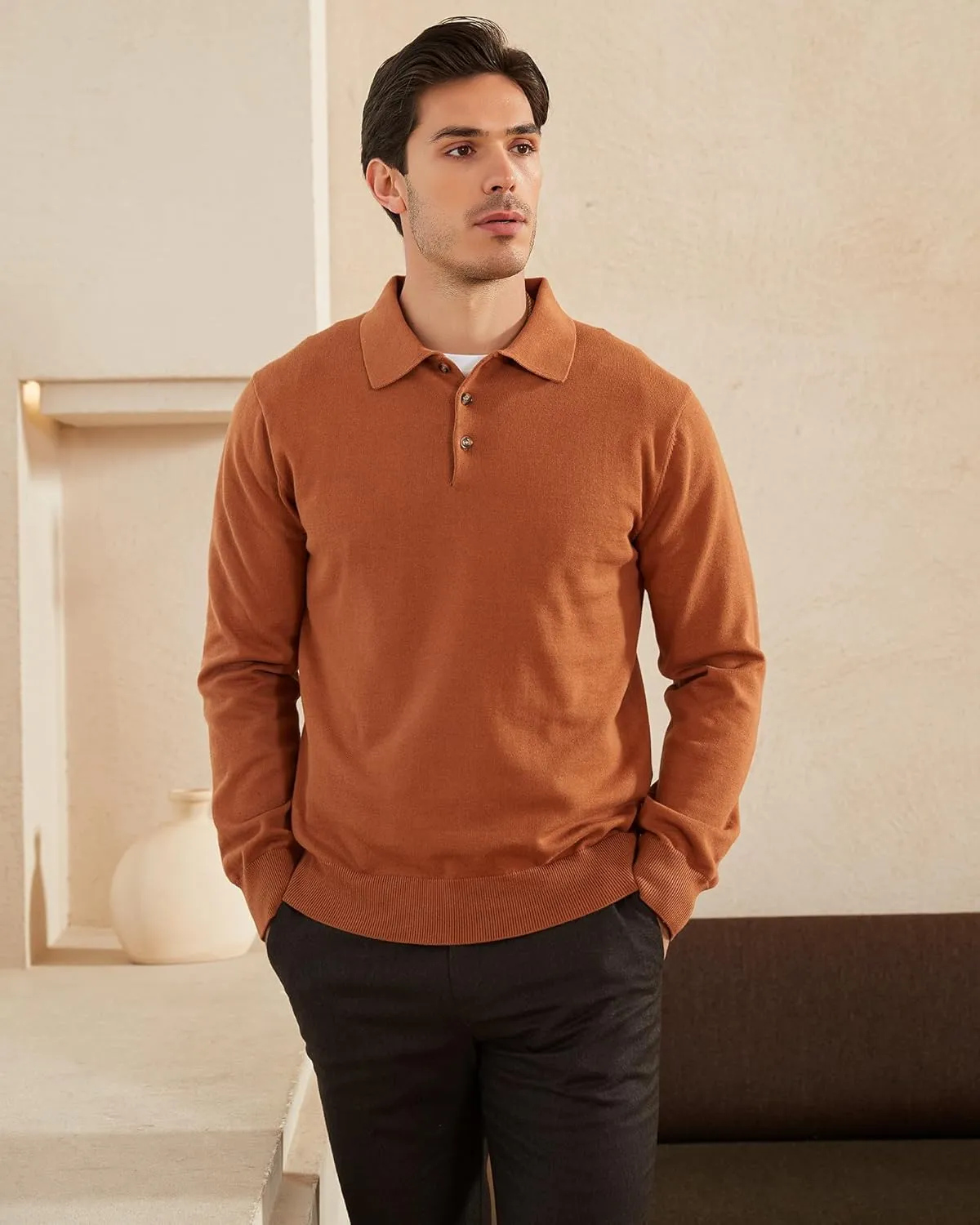 Kallspin Men's Cotton Knit Polo Sweater Classic Casual Long Sleeve Collared Pullover Sweater