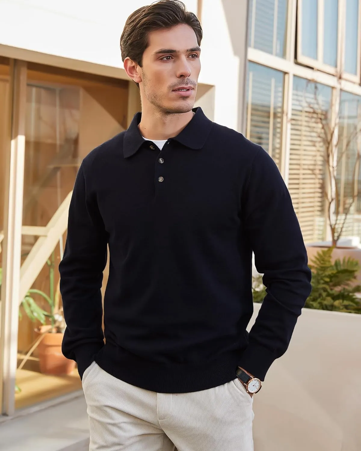 Kallspin Men's Cotton Knit Polo Sweater Classic Casual Long Sleeve Collared Pullover Sweater