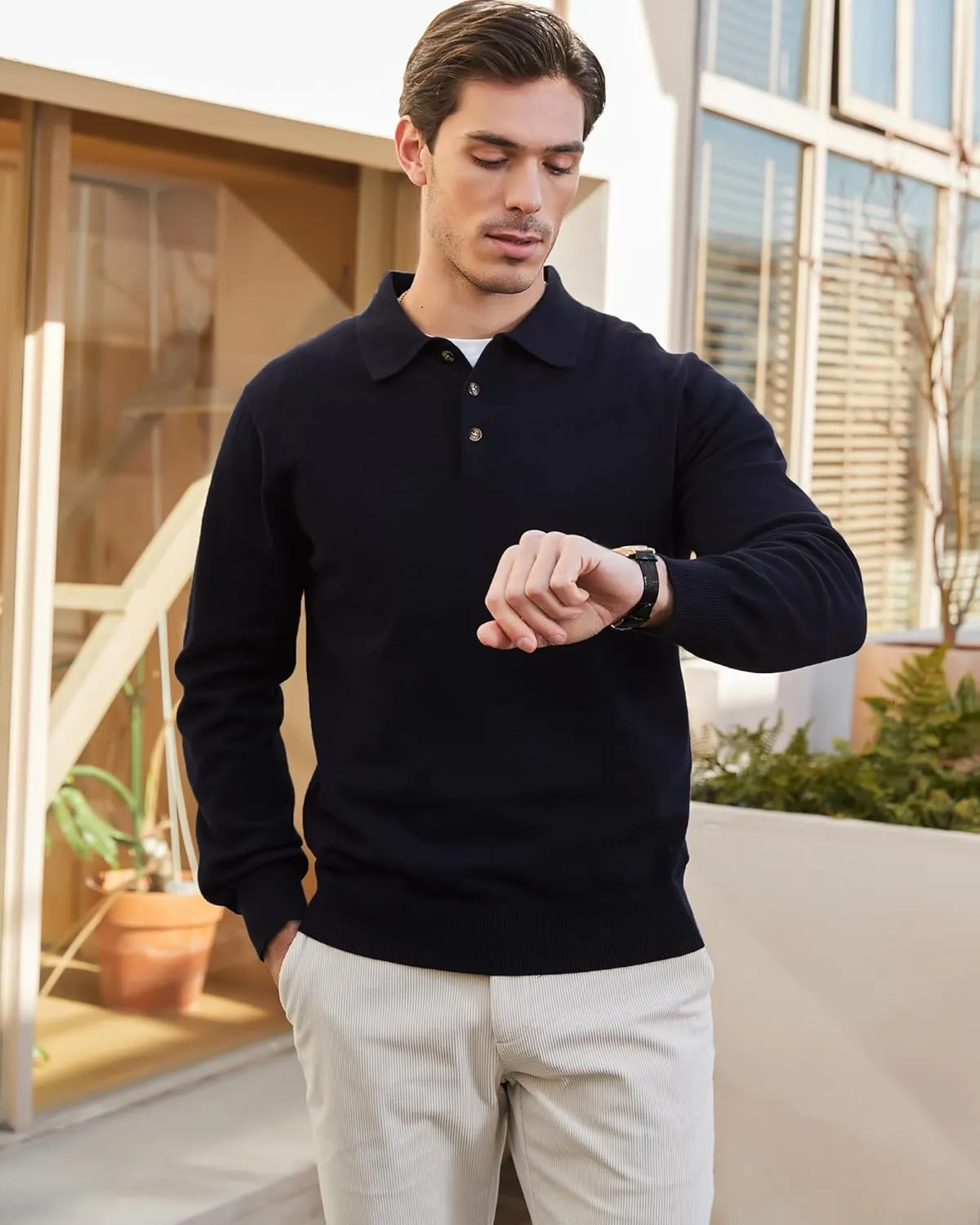 Kallspin Men's Cotton Knit Polo Sweater Classic Casual Long Sleeve Collared Pullover Sweater