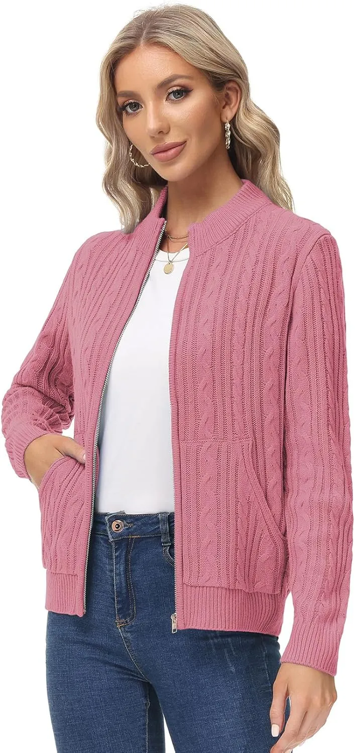 KANCY KOLE Women's Zip Up Cable Knit Sweater Long Sleeve Open Front Cardigan Warm Cardigan with Pockets Outwear Coat