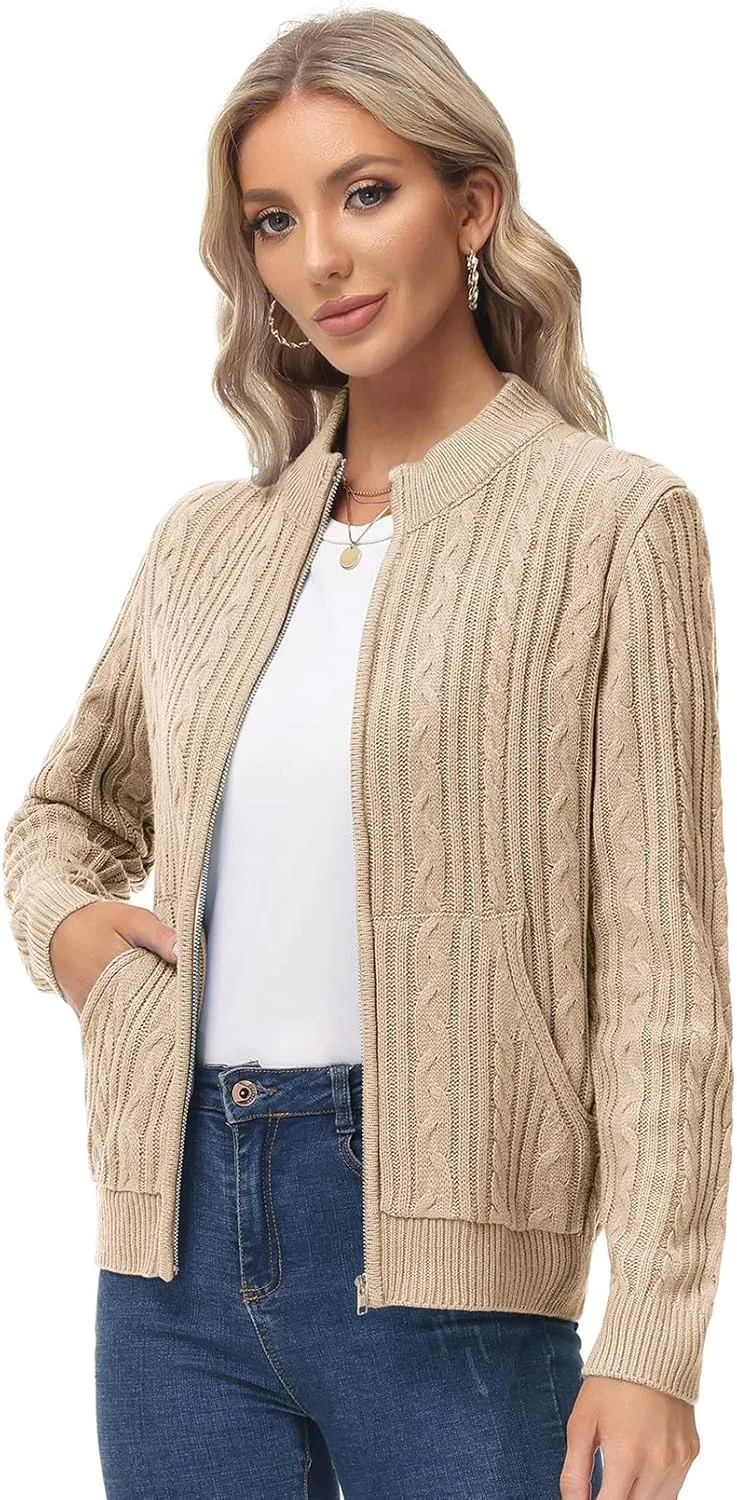 KANCY KOLE Women's Zip Up Cable Knit Sweater Long Sleeve Open Front Cardigan Warm Cardigan with Pockets Outwear Coat